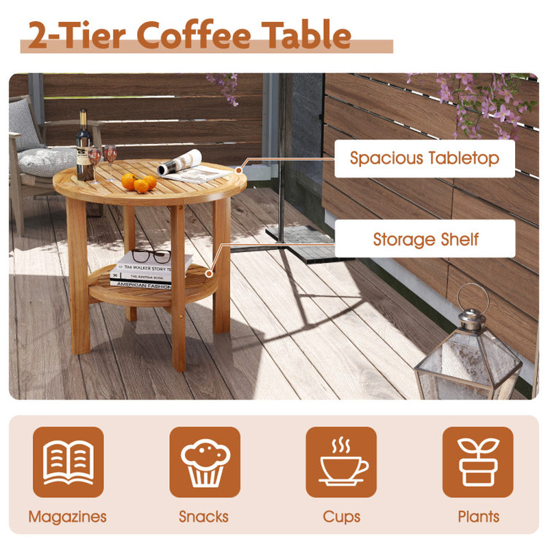 Outdoor Teak Wood round Side Table Patio End Table with Slatted Storage Shelf