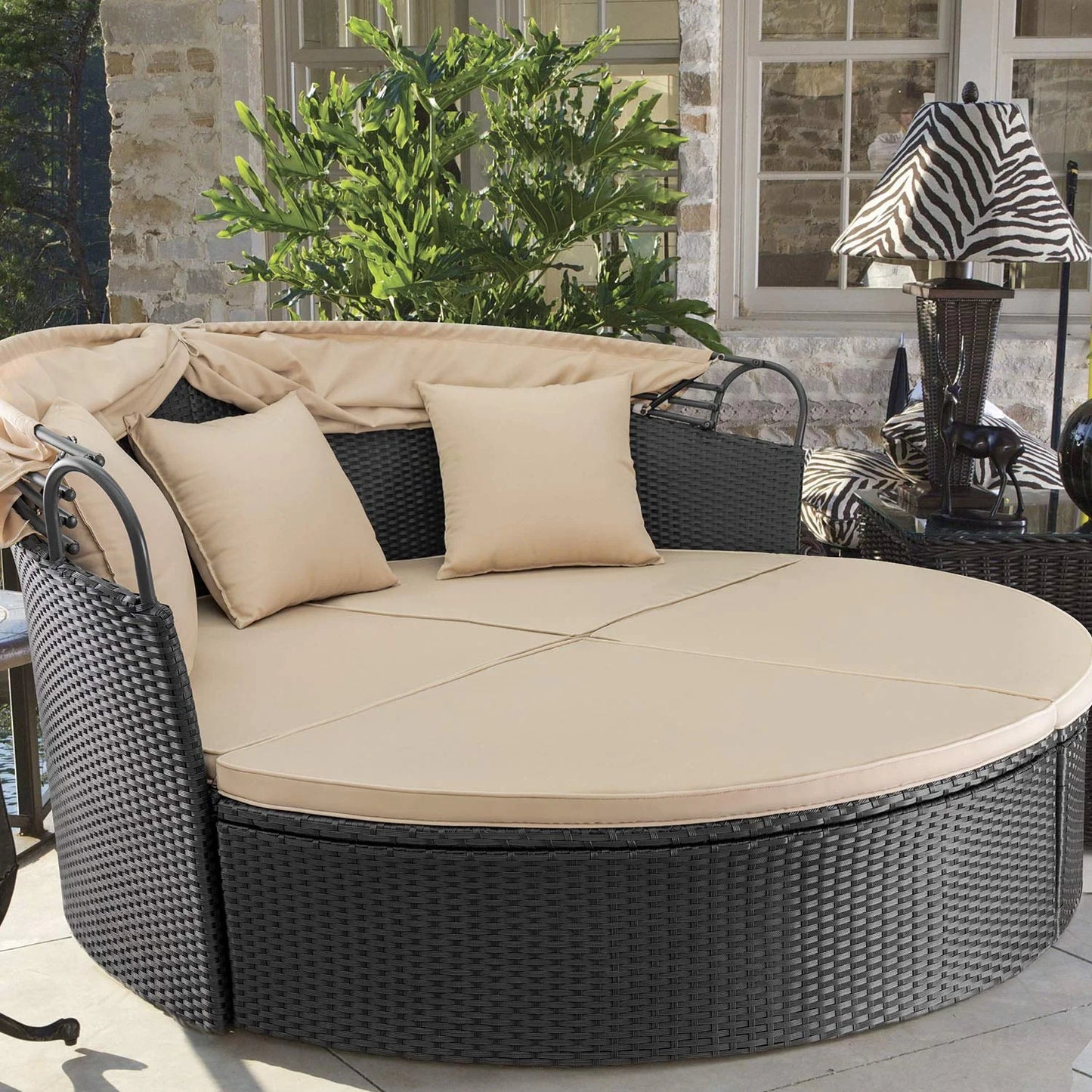 Outdoor Patio round Daybed with Retractable Canopy Wicker Furniture Sectional Seating with Washable Cushions for Patio Backyard Porch Pool Daybed Separated Seating (Beige)