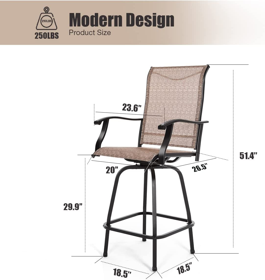 Patio Swivel Bar Stools 2 Pcs, Outdoor Bar Height Patio Chairs, All-Weather Patio Furniture, Brown