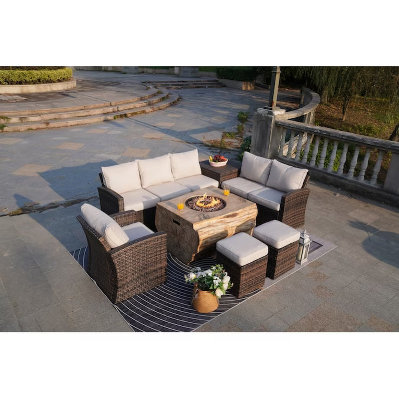 Arthur 7 -Piece Wicker Patio Sofa Conversation Set with Tan Cushions