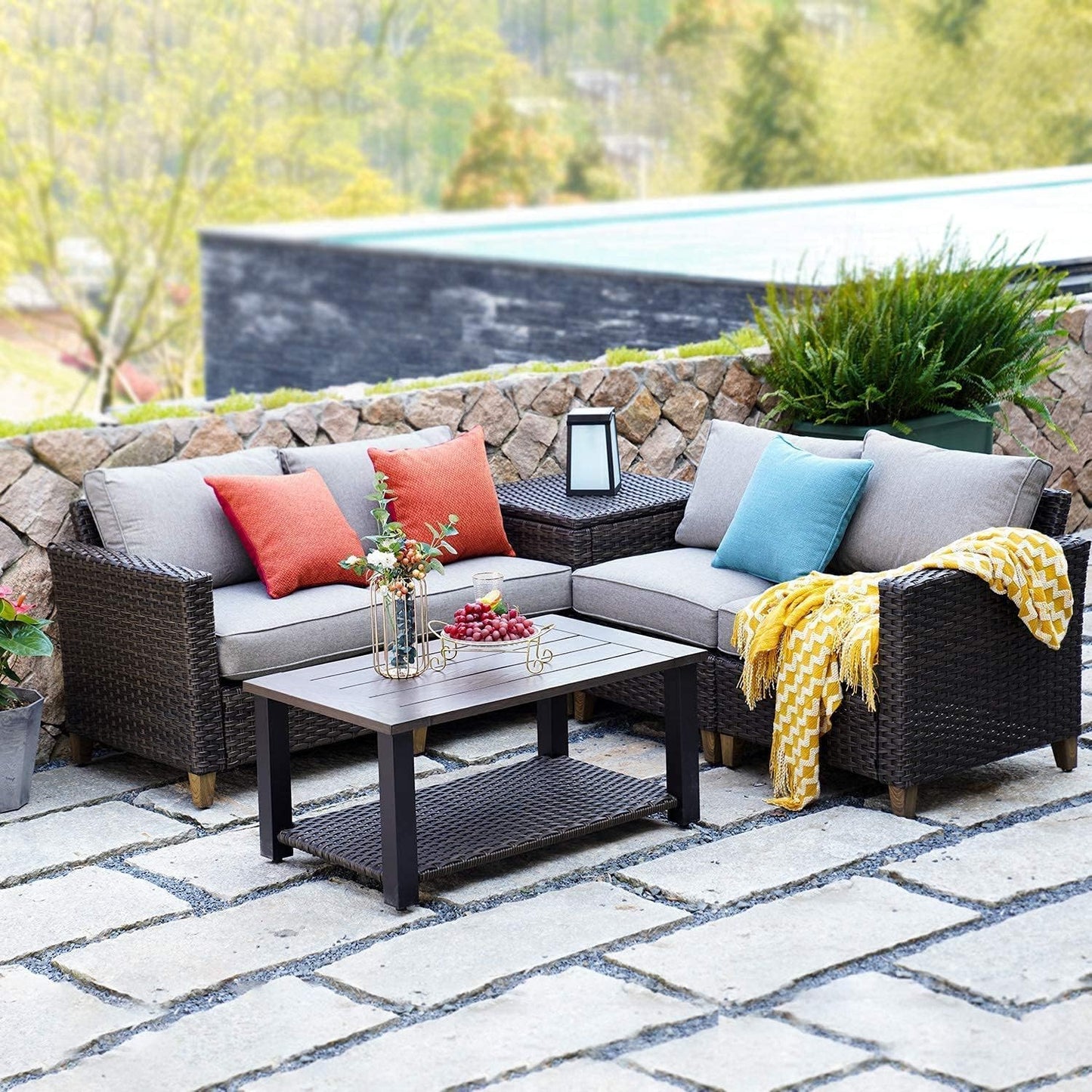 Sofa Sets Outdoor Furniture Sets 6 Pieces Conversation Set, PE Wicker Patio Furniture Sectional Sofa with Thick Olefin Cushions for Yard Garden Porch &Brown