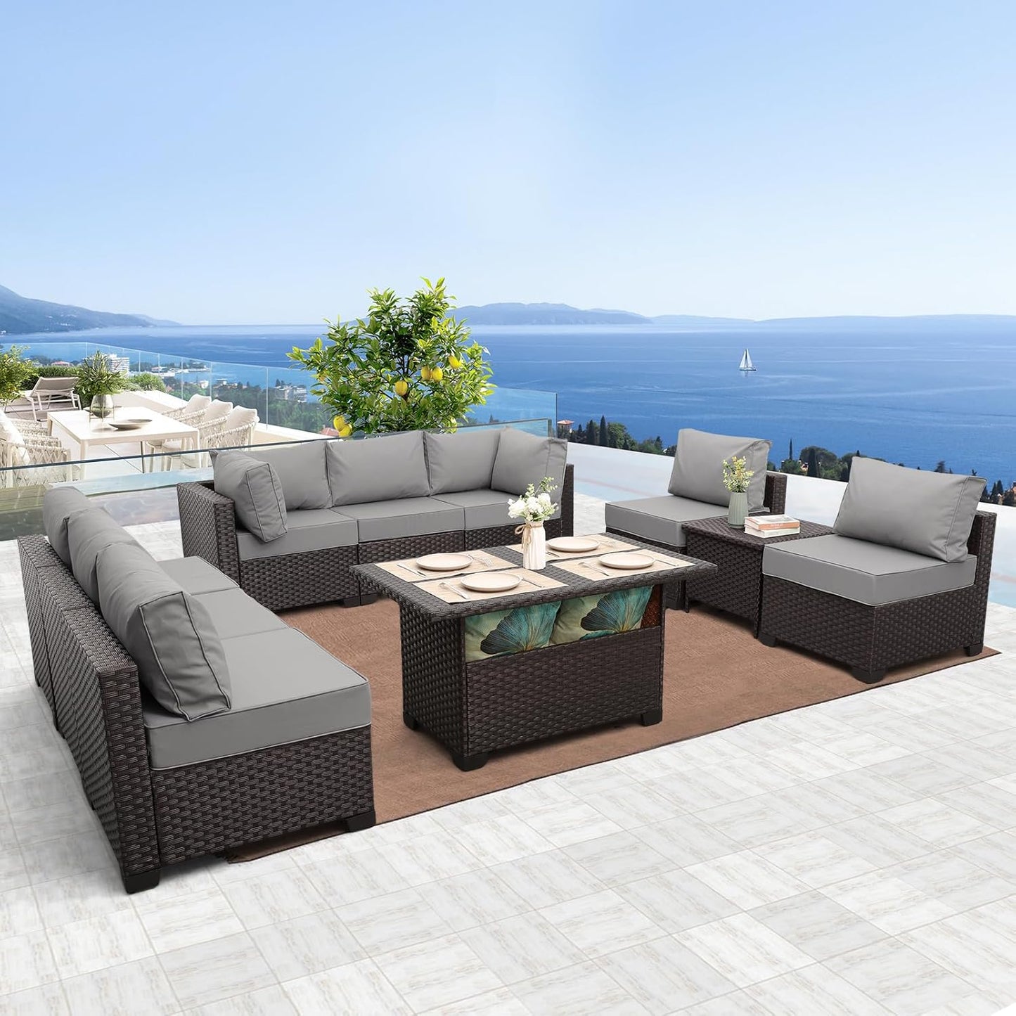 Outdoor Patio Furniture Set Dark Brown Rattan 10 Piece Sectional Sofa PE Wicker Conversation Couch Sets with Storage Table and Non-Slip 5" Thick Grey Cushion