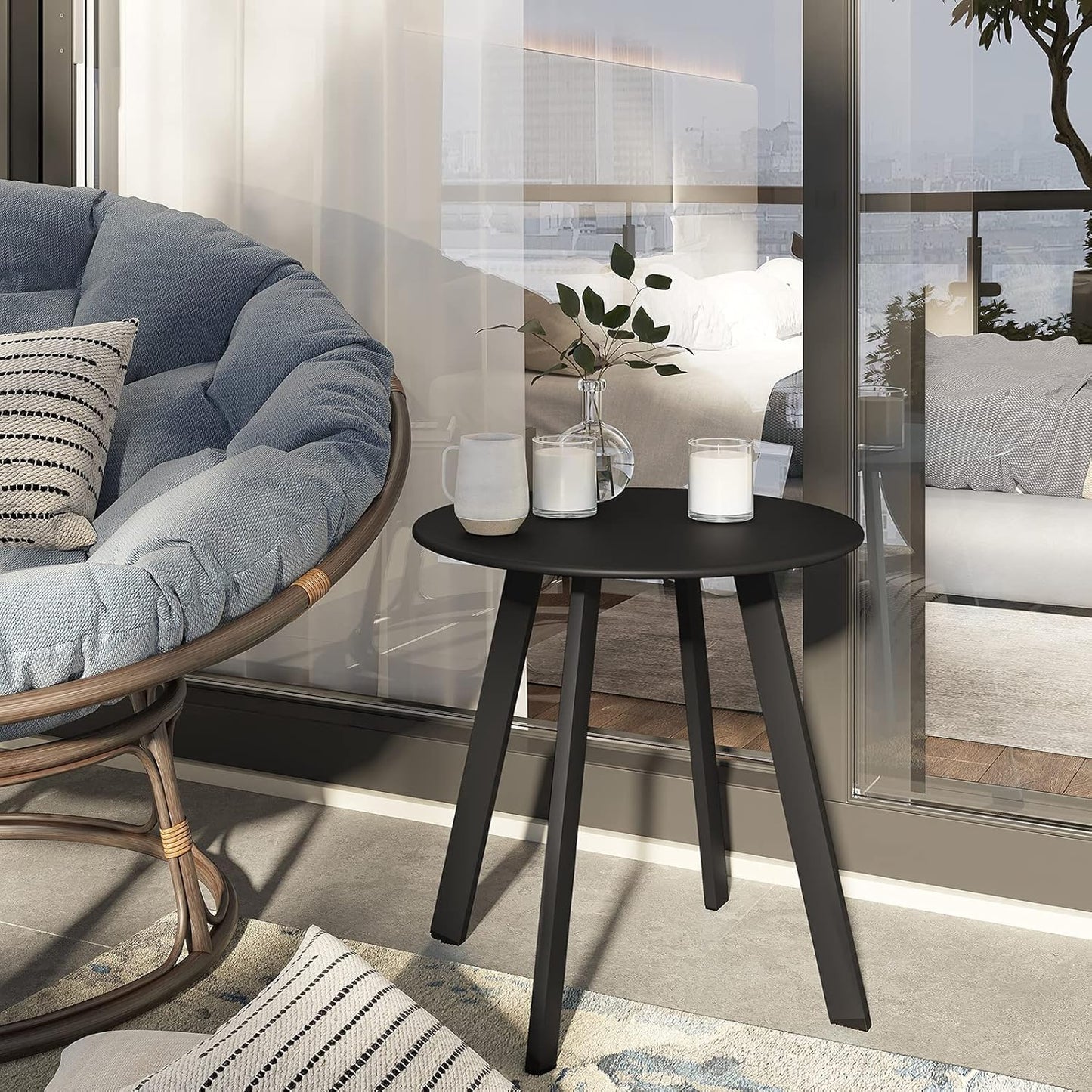 Outdoor Side Table, Small round End Table with Square Feet, E-Coated Steel Side Accent Table, Great for Patio Balcony