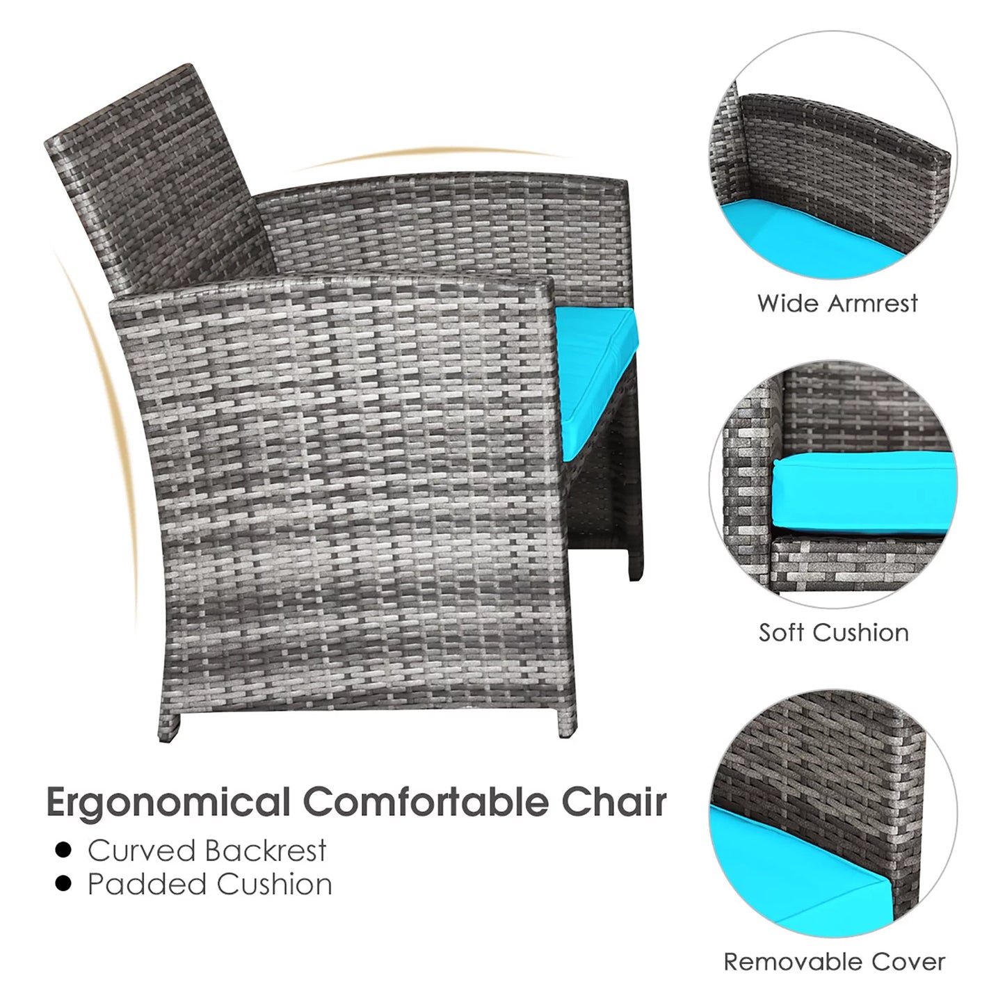 4PCS Patio Rattan Furniture Set Conversation Glass Table Top Cushioned