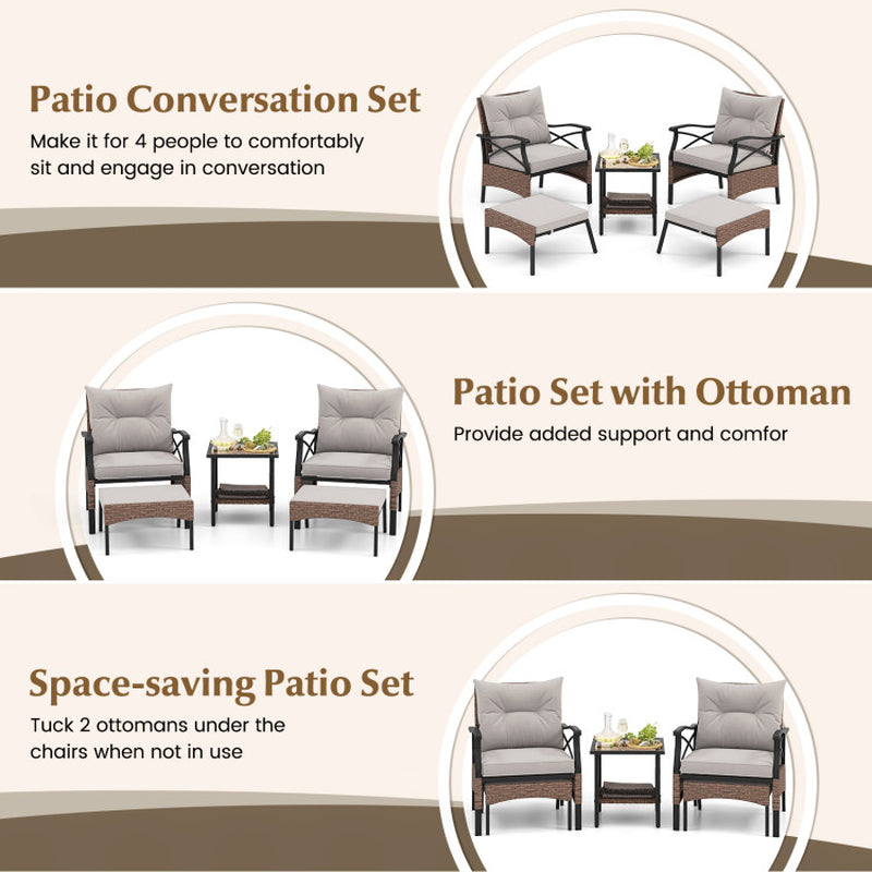 5 Pieces Wicker Patio Furniture Set Ottomans and Cushions and 2-Tier Tempered Glass Side Table