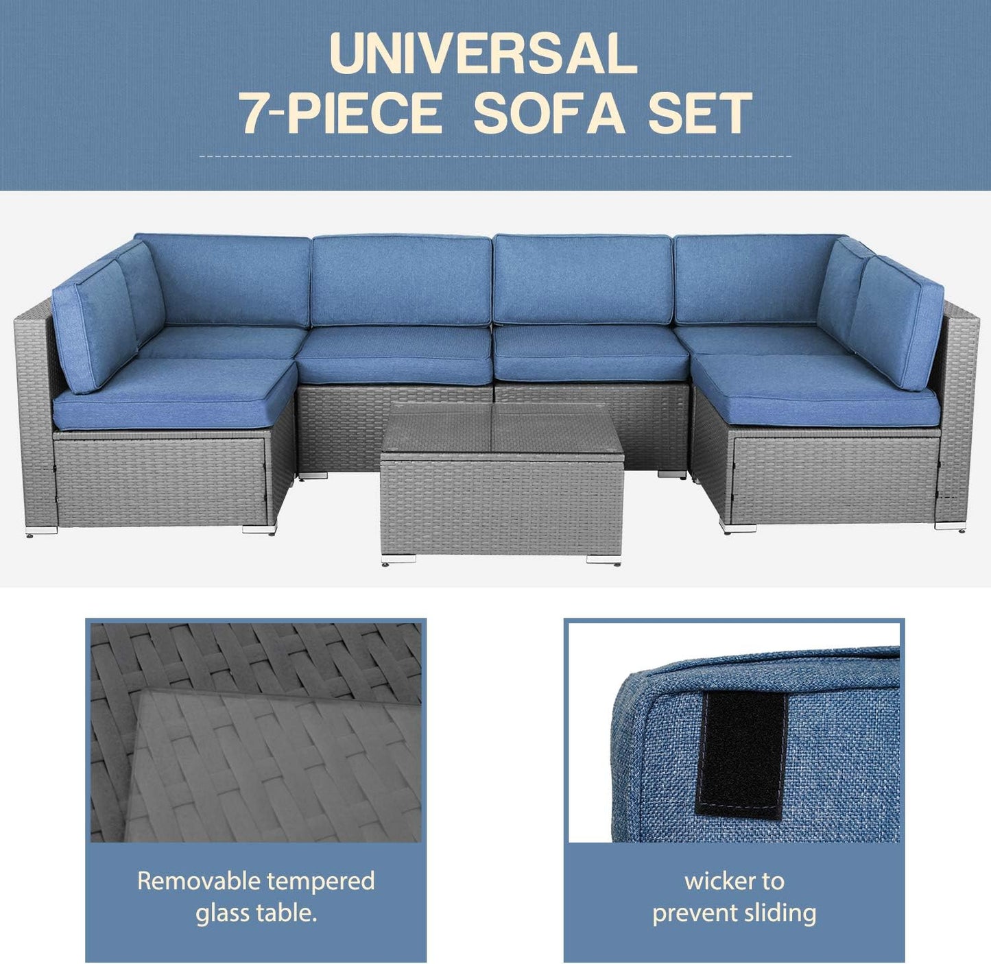 7-Piece Outdoor Furniture Set, Gray Wicker Patio Conversation Set Modular Outdoor Sectional Sofa with YKK Zipper & Coffee Table - Denim Blue