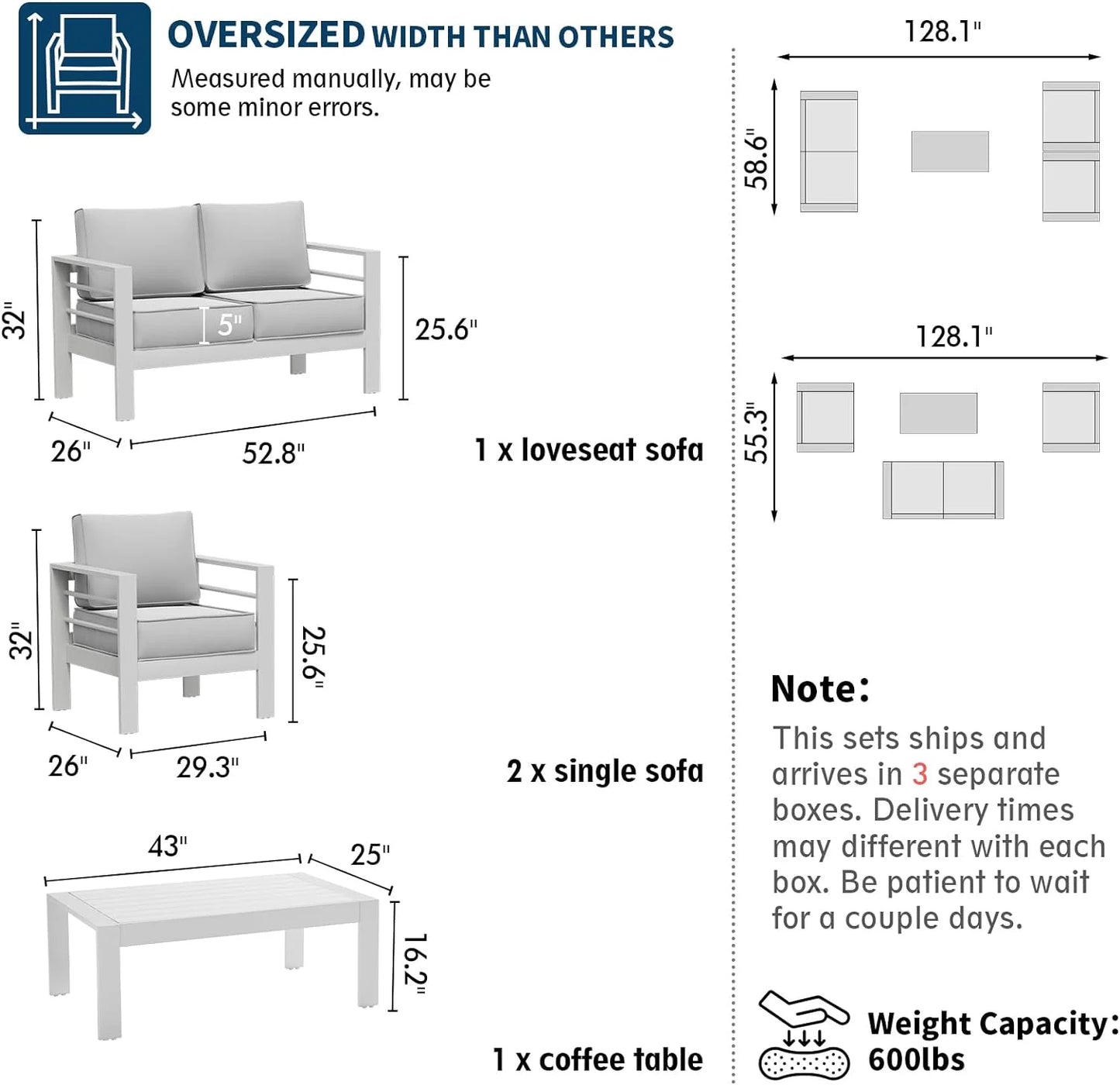 Aluminum Patio Furniture,Outdoor Metal Sectional Sofa with Table and Waterproof Covers,White Modern Patio Furniture Set for Garden Backyard (5-Piece)
