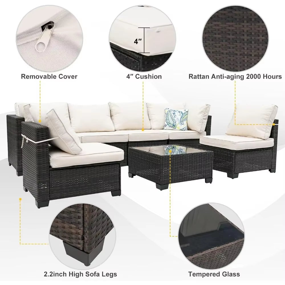 7 Piece Outdoor Patio Furniture Set, Seating Set with Rattan Table, Waterproof Cushions Included, Patio Sectional Furniture Set