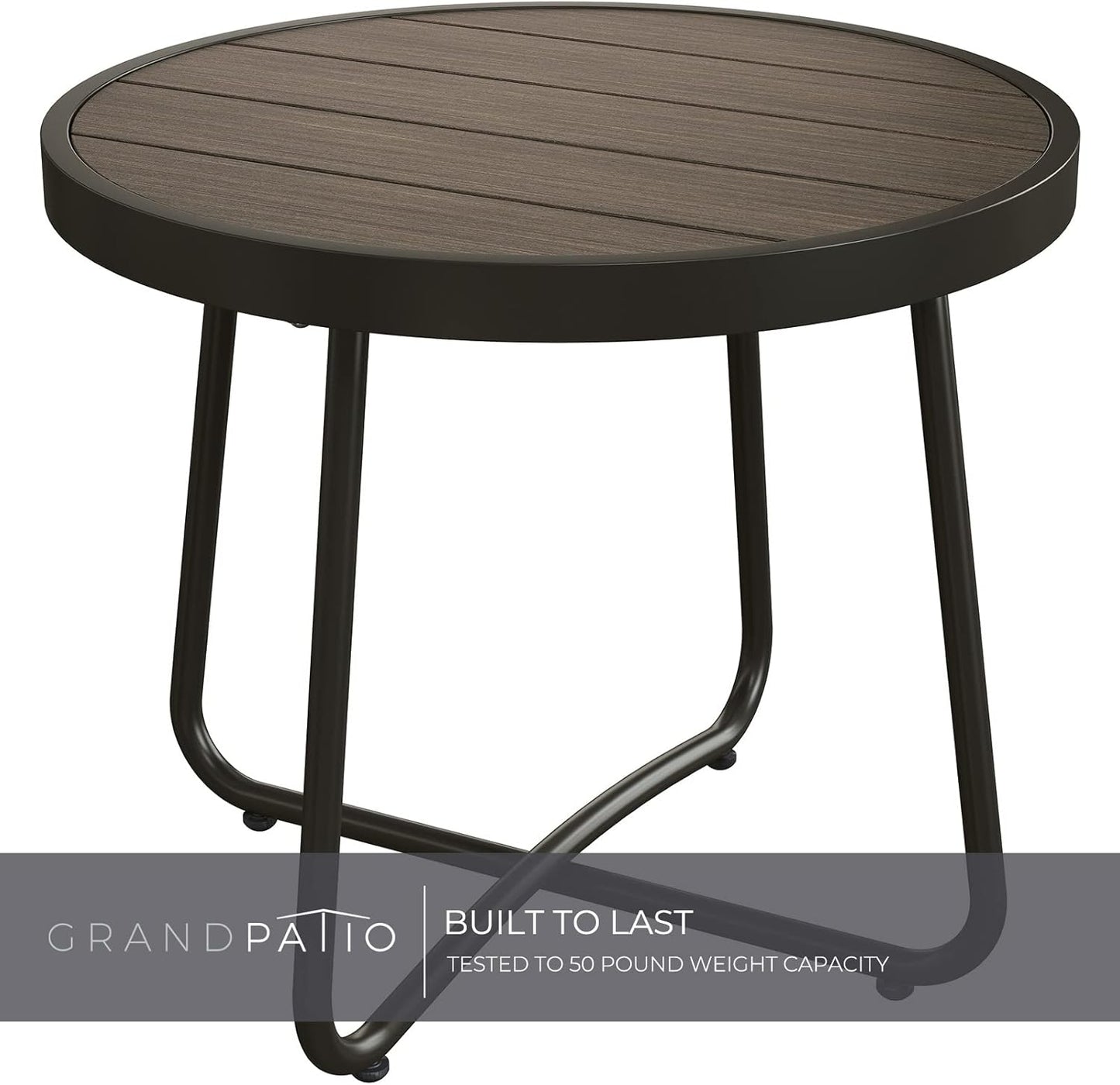 Outdoor Side Table, round End Table with Imitation Wood Tabletop, Dark Grey