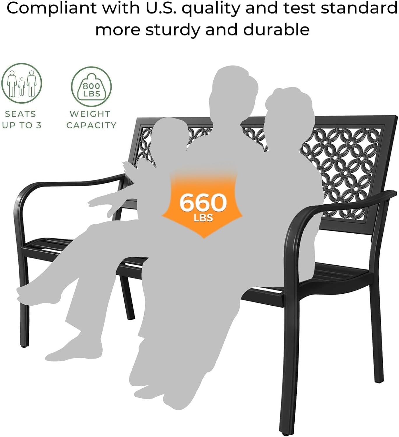 Outdoor Bench, Garden Benches with Anti-Rust Metal Powder Coated Frame, Patio Bench for Front Porch Park outside Furniture Decor, Black