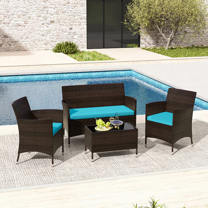 4 Pieces Comfortable Mix Outdoor Rattan Sofa Set with Glass Coffee Table 4 -Piece Rattan Patio Conversation Set with Blue Cushions