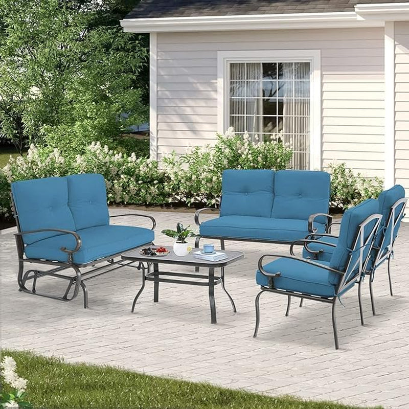 Outdoor Metal Furniture Sets 5 Pieces(6 Seats) Patio Conversation Set (Patio Swing Glider, 2 Patio Chairs, Loveseat with Coffee Table), Peacock Blue