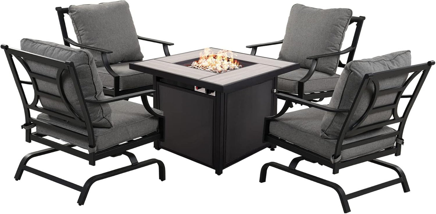 5-Piece Outdoor Furniture Conversation Sets with 32-Inch 40000 BTU Heat Propane Gas Fire Pit Table CSA Approved Ceramic Tile & Grey Olefin Cushion Rocking Chairs