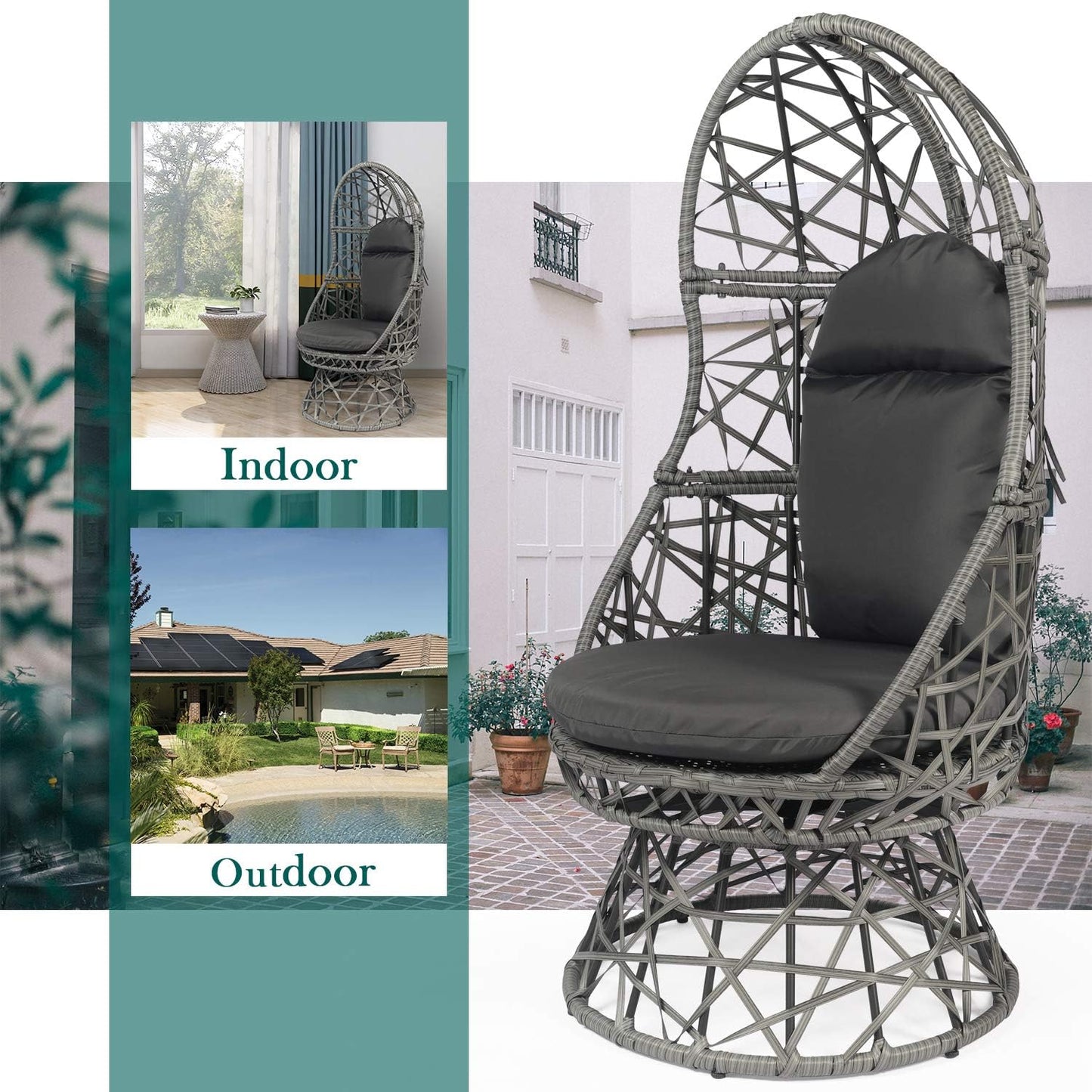 Patio Egg Chair, 360 Degree Swivel Patio Wicker Chair, Indoor & Outdoor Rattan Egg Chair with Seat Cushion & Pillow for Patio Porch Lounge Bedroom (Grey)