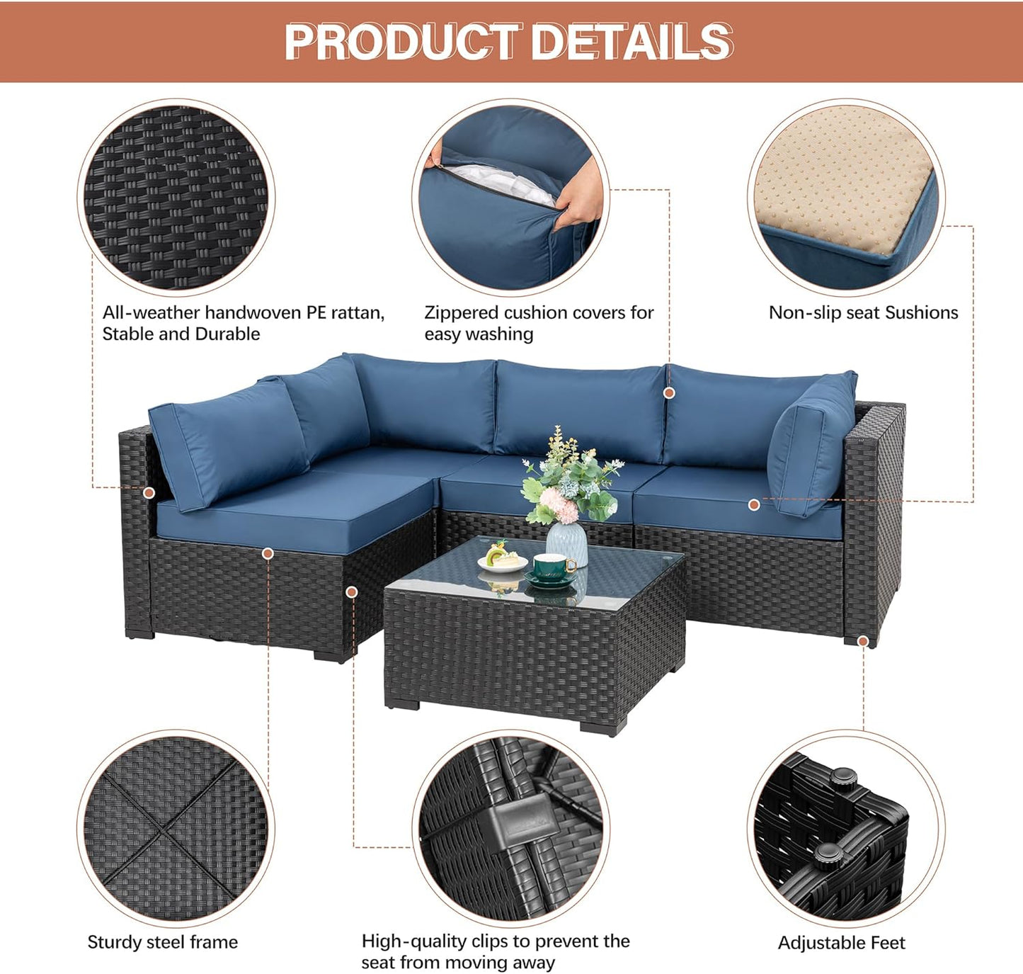 5 Pieces Outdoor Patio Furniture Set, All-Weather Rattan Patio Sectional Sofa Wicker Conversation Set with Glass Table and Cushions(Aegean Blue)