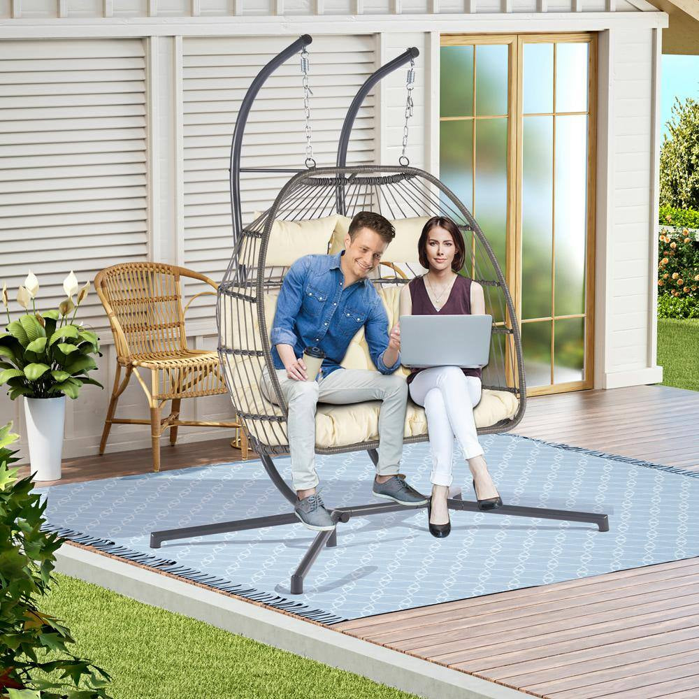 Patio 60.1 In. W 2-Person Wicker Patio Swing Hanging Chair Egg Chair with Beige Cushions