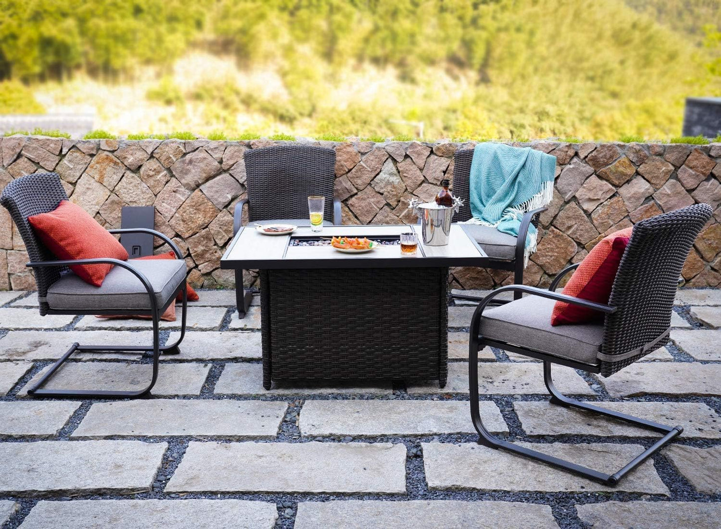 2-Piece Dining Wicker Chair Outdoor Conversation Set with Cushions C-Spring Rocker Lounge Chair Set of 2 for Yard, Garden, Backyard, Deck, Bistro-Grey