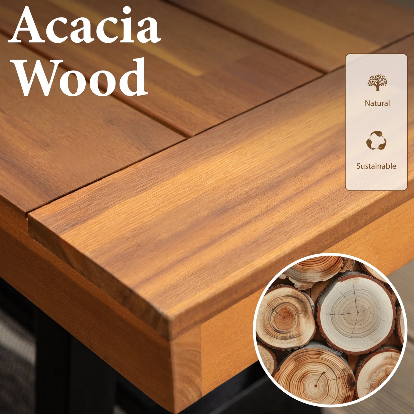 Set of 3 Patio Wood Garden Bench Set Outdoor Dining Set with 1 Acacia Table and 2 Pieces Bench Chairs Suitable for 4 People