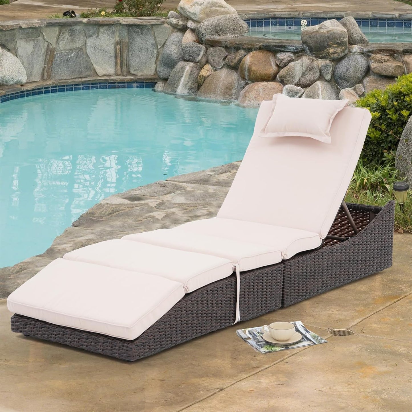 Folding Outdoor Adjustable Chaise Lounge Chair with Removable Cushion, Fully Assembled, Patio PE Rattan Reclining Lounger for Pool Beach, Dark Brown Rattan & Beige Cushion