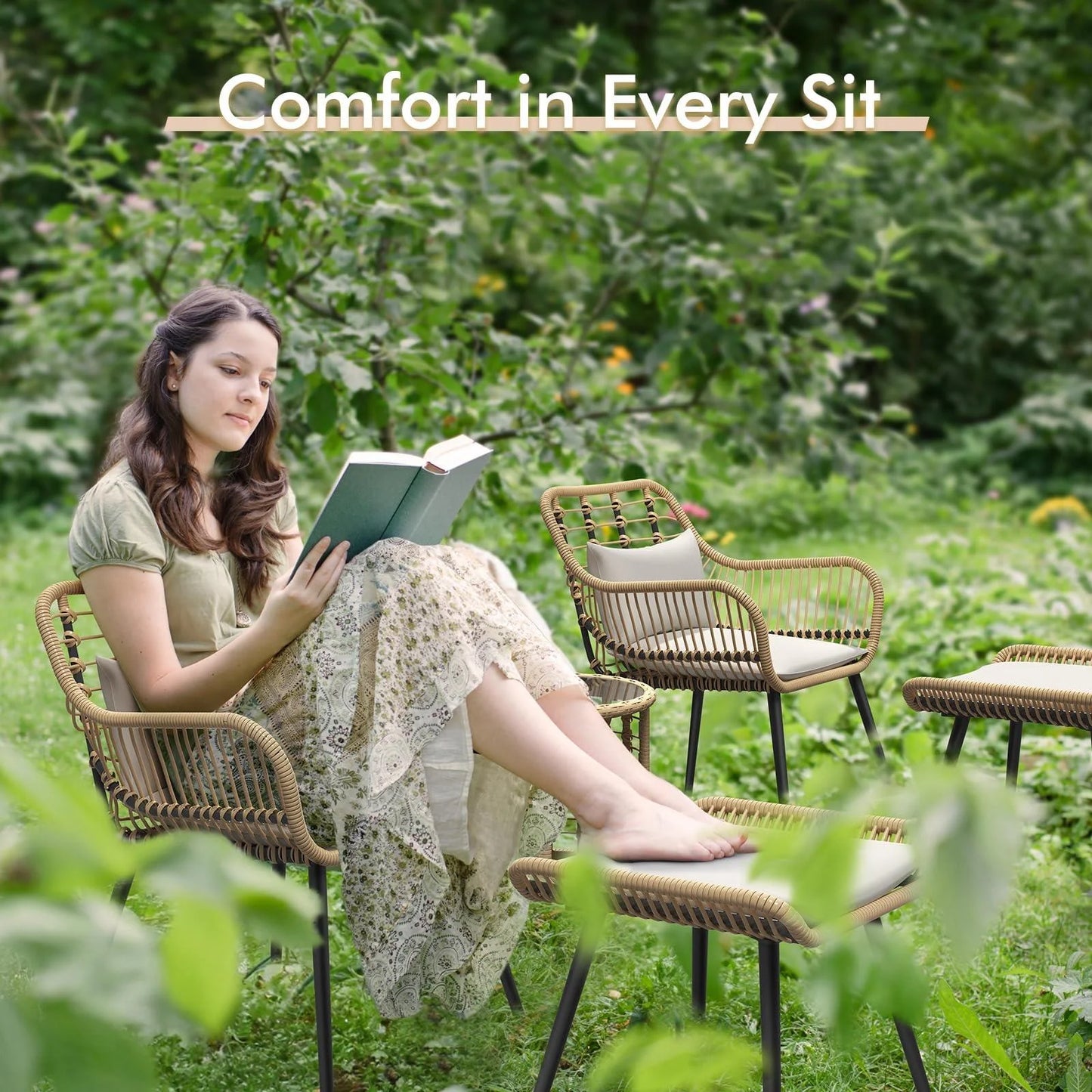 5-Piece Outdoor Wicker Furniture Set, Rattan Bistro All Weather Patio Conversation Set with Ottoman and round Coffee Side Table