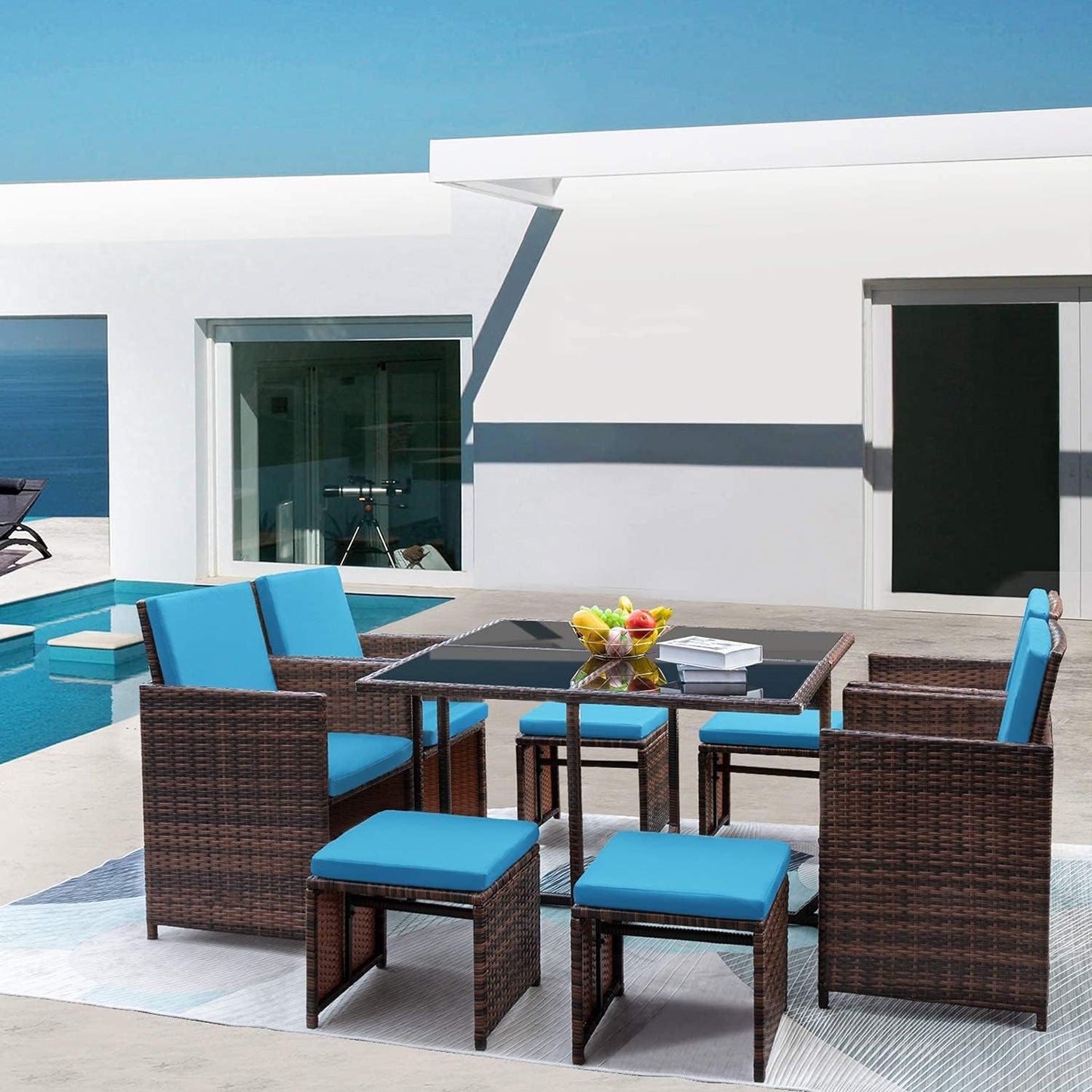 9 Pieces Patio Dining Outdoor Table and Chairs Table Set with Space Saving Rattan Chairs Patio Furniture Sets Cushioned Seating and Back (Blue)