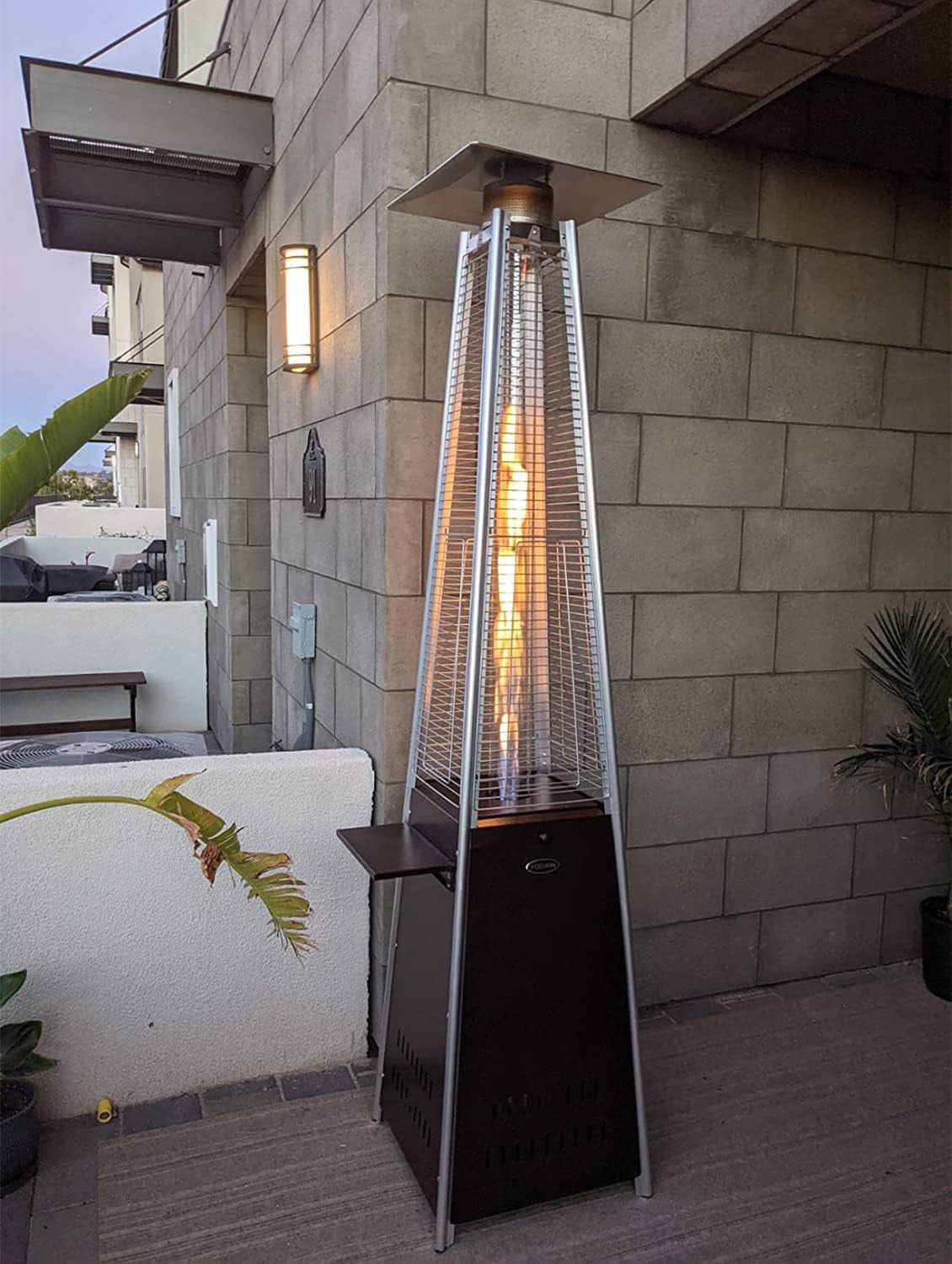 Pyramid Patio Heater - 48,000 BTU Propane Outdoor Heater with Glass Tube, Wheels, Gold Hammered Bronze Finish