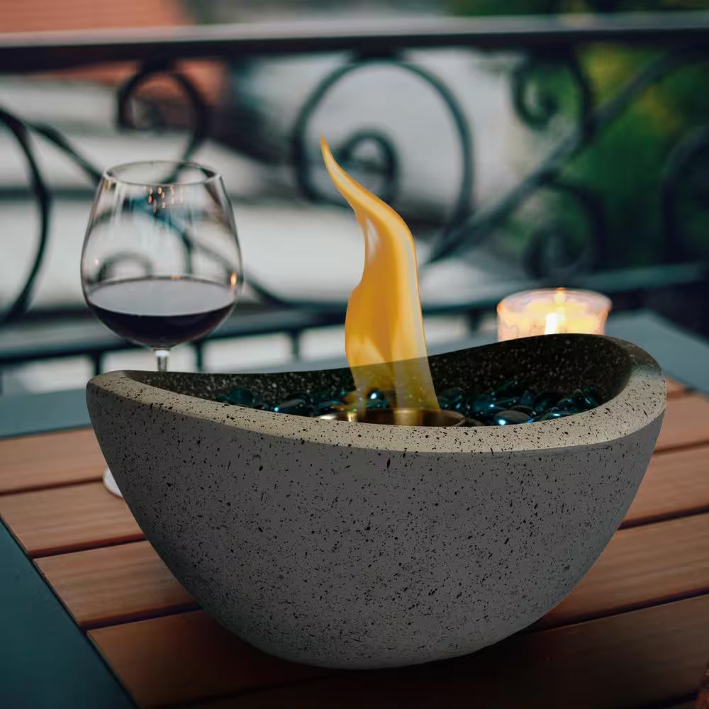11 In. Outdoor Concrete Gel or Liquid Fire Pit Mixed Color Tabletop Mini Smokeless Fire Bowl with Blue Glass Beads