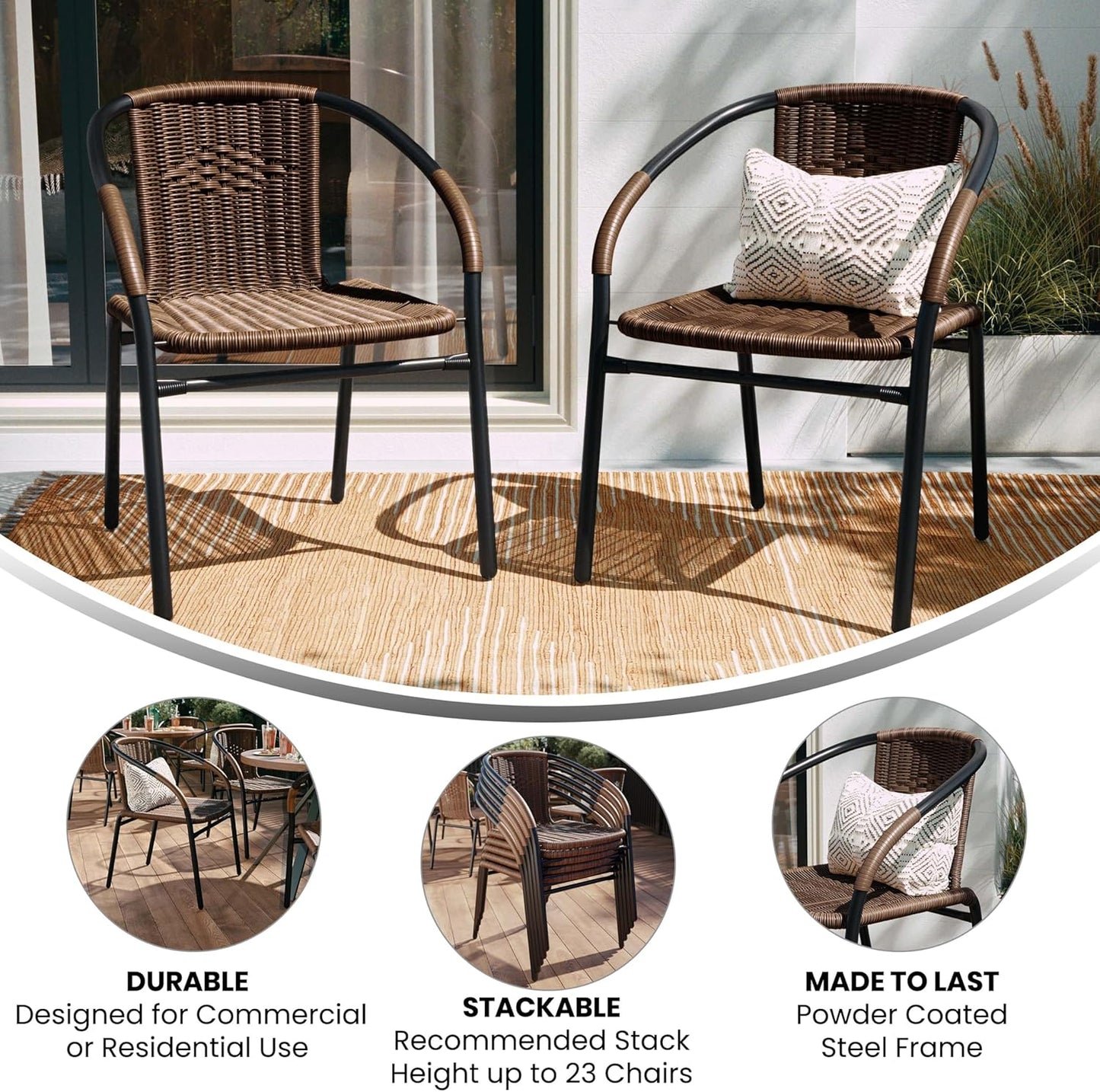 2 Pack Medium Brown Rattan Indoor-Outdoor Restaurant Stack Chair