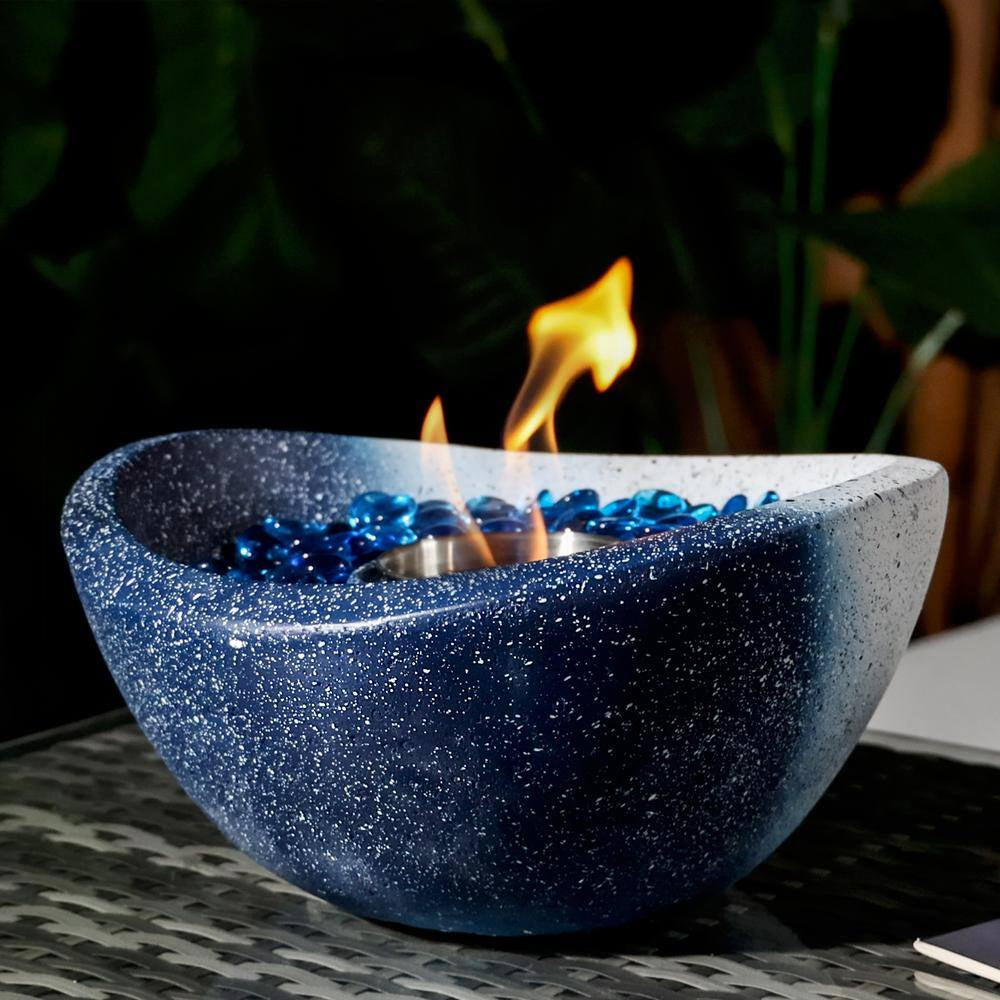 11 In. Outdoor Concrete Gel or Liquid Fire Pit Mixed Color Tabletop Mini Smokeless Fire Bowl with Blue Glass Beads
