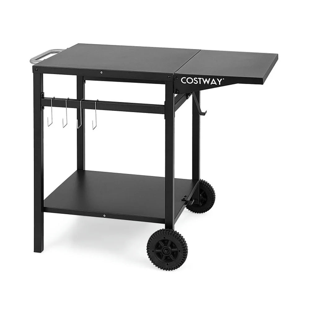 Outdoor Patio Barbecue Cooker, Outdoor Grills,Movable Outdoor Grill Cart with Folding Tabletop and Hooks-Black