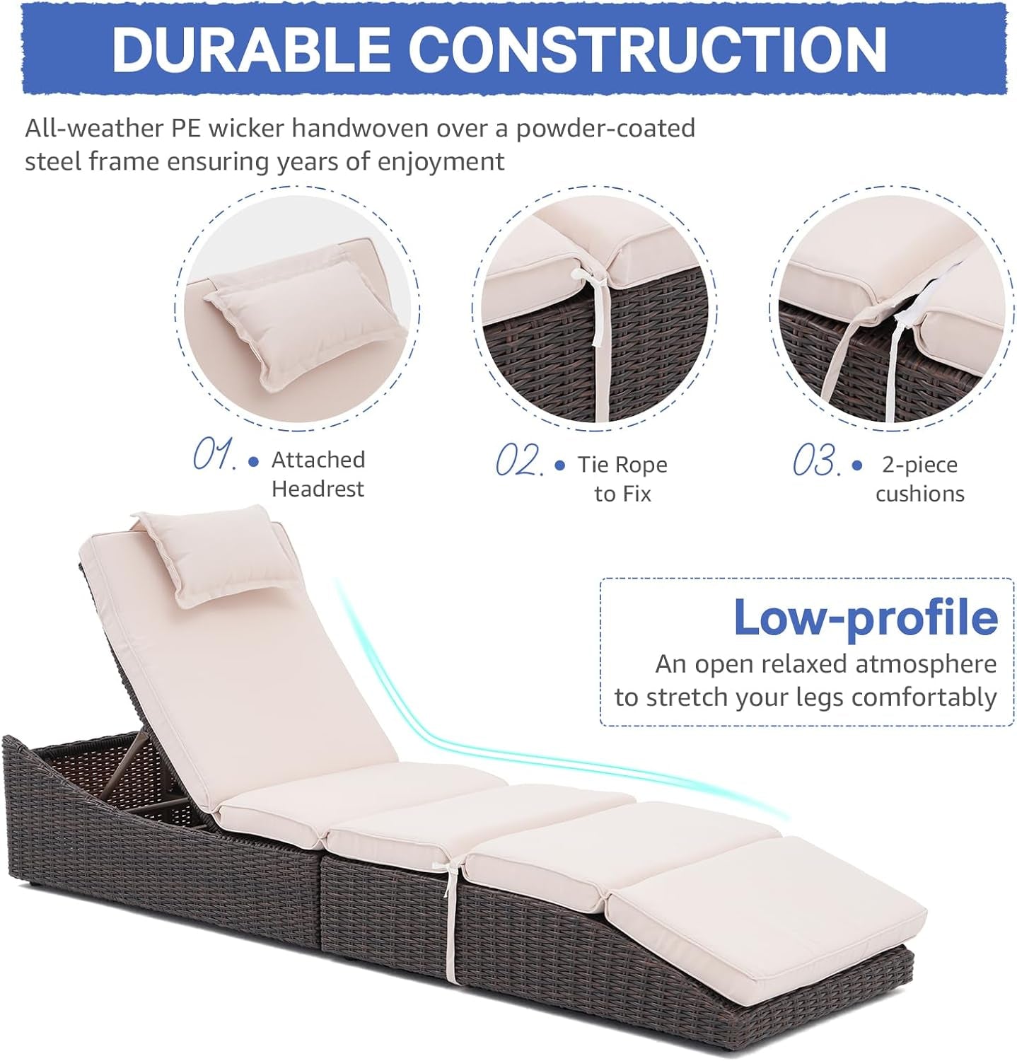 Folding Outdoor Adjustable Chaise Lounge Chair with Removable Cushion, Fully Assembled, Patio PE Rattan Reclining Lounger for Pool Beach, Dark Brown Rattan & Beige Cushion