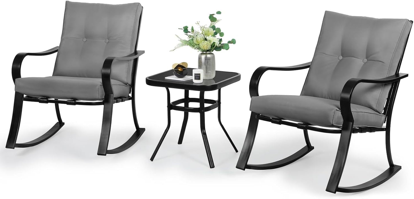 3-Piece Outdoor Rocking Chairs Bistro Set, Black Iron Patio Furniture with Gray Thickened Cushion & Glass-Top Coffee Table