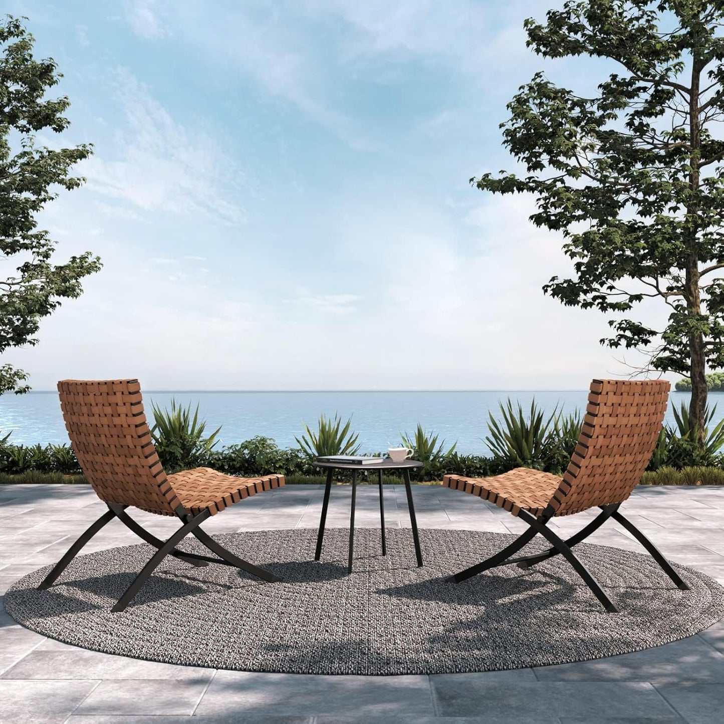 3 Piece Leather Texture Wicker Patio Chairs, Foldable Balcony Furniture Set with Outdoor Lounge Seating and Side Table