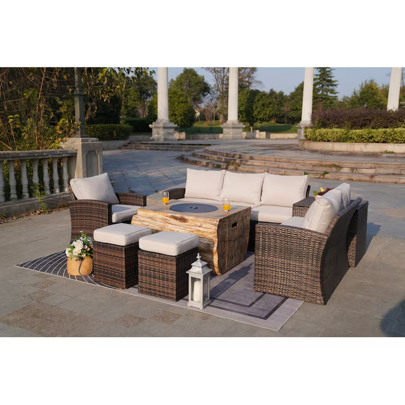 Arthur 7 -Piece Wicker Patio Sofa Conversation Set with Tan Cushions
