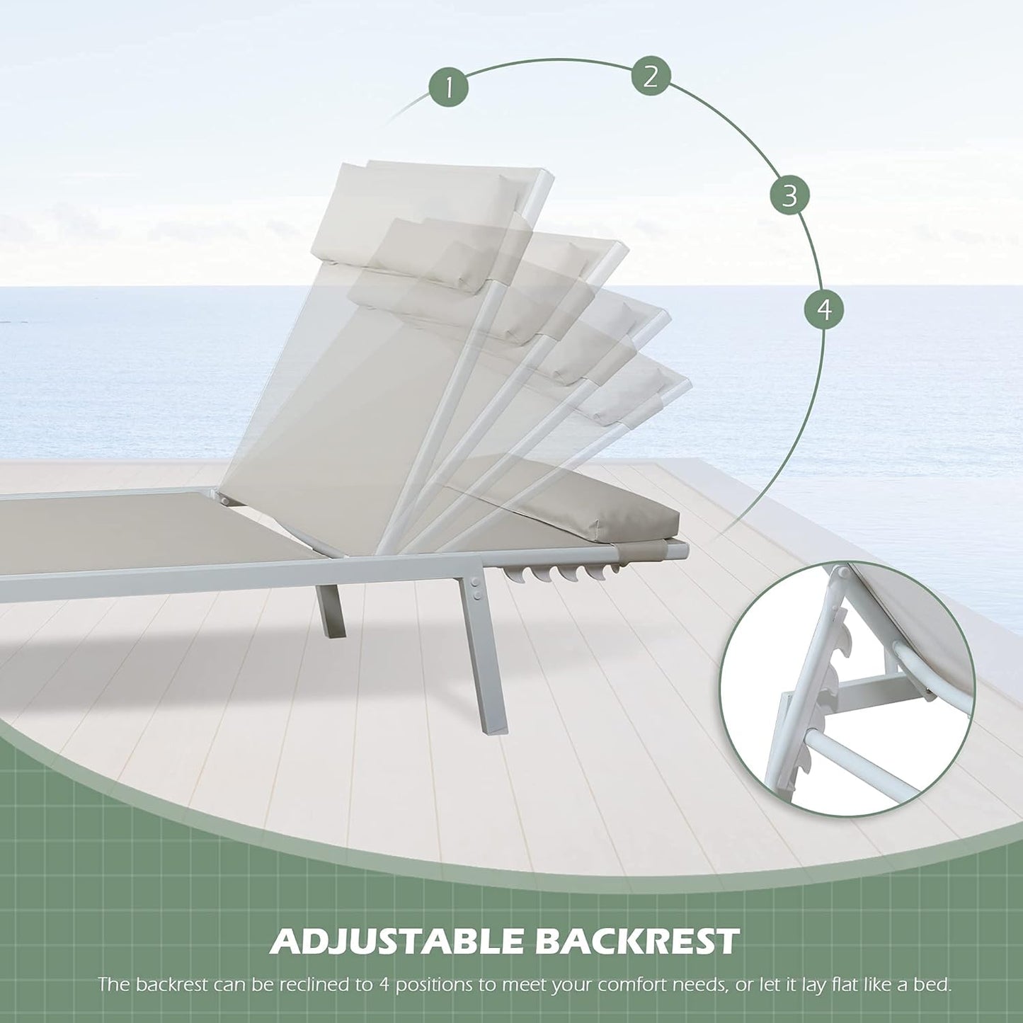 3-Piece Patio Chaise Lounges Set Outdoor Full Flat Lounge Chairs Set of 2 with Steel Table, Beige