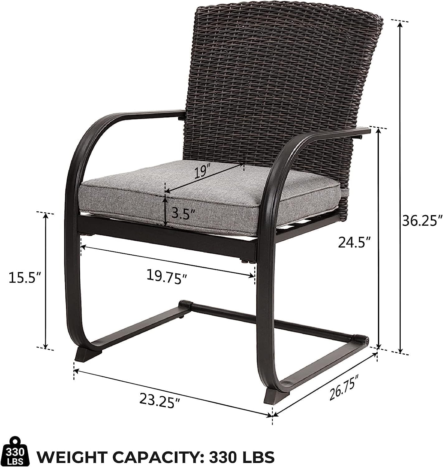 2-Piece Dining Wicker Chair Outdoor Conversation Set with Cushions C-Spring Rocker Lounge Chair Set of 2 for Yard, Garden, Backyard, Deck, Bistro-Grey