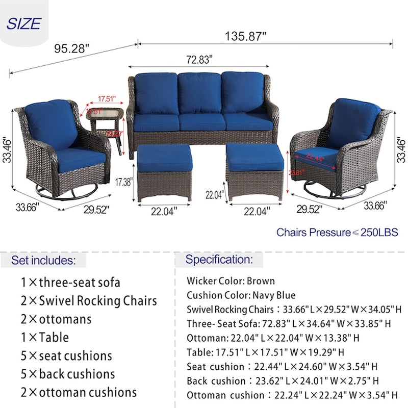 6 -Piece Rattan Patio Sofa Conversation Set with Blue Cushions