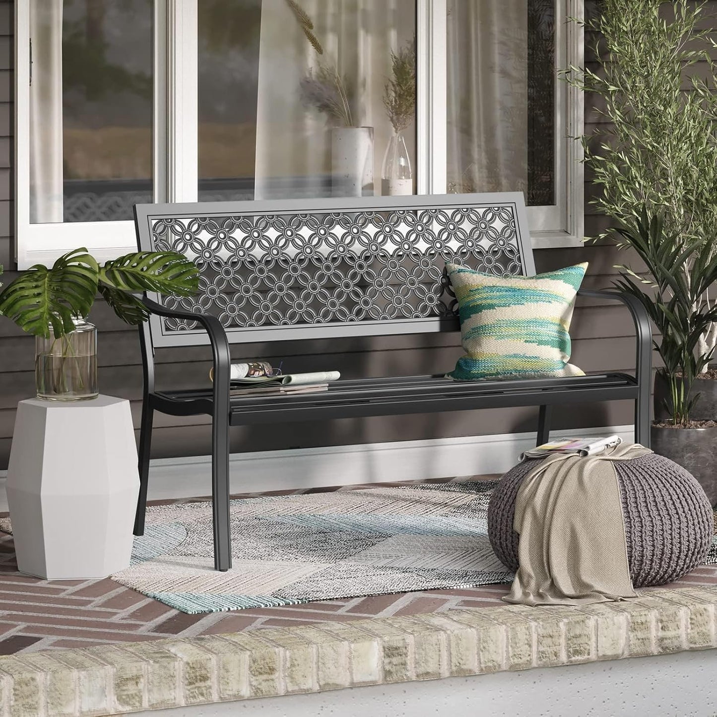 Outdoor Bench, Garden Benches with Anti-Rust Metal Powder Coated Frame, Patio Bench for Front Porch Park outside Furniture Decor, Black