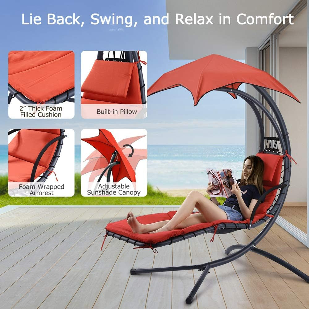 Patio Chair Hammock Chair Hanging Chairs Indoor Outdoor Swing Lounge Chair with Pillow, Canopy, Stand - Heavy Duty Arc Stand Floating Curved Chaise for Pool, Backyard, Deck - Orange