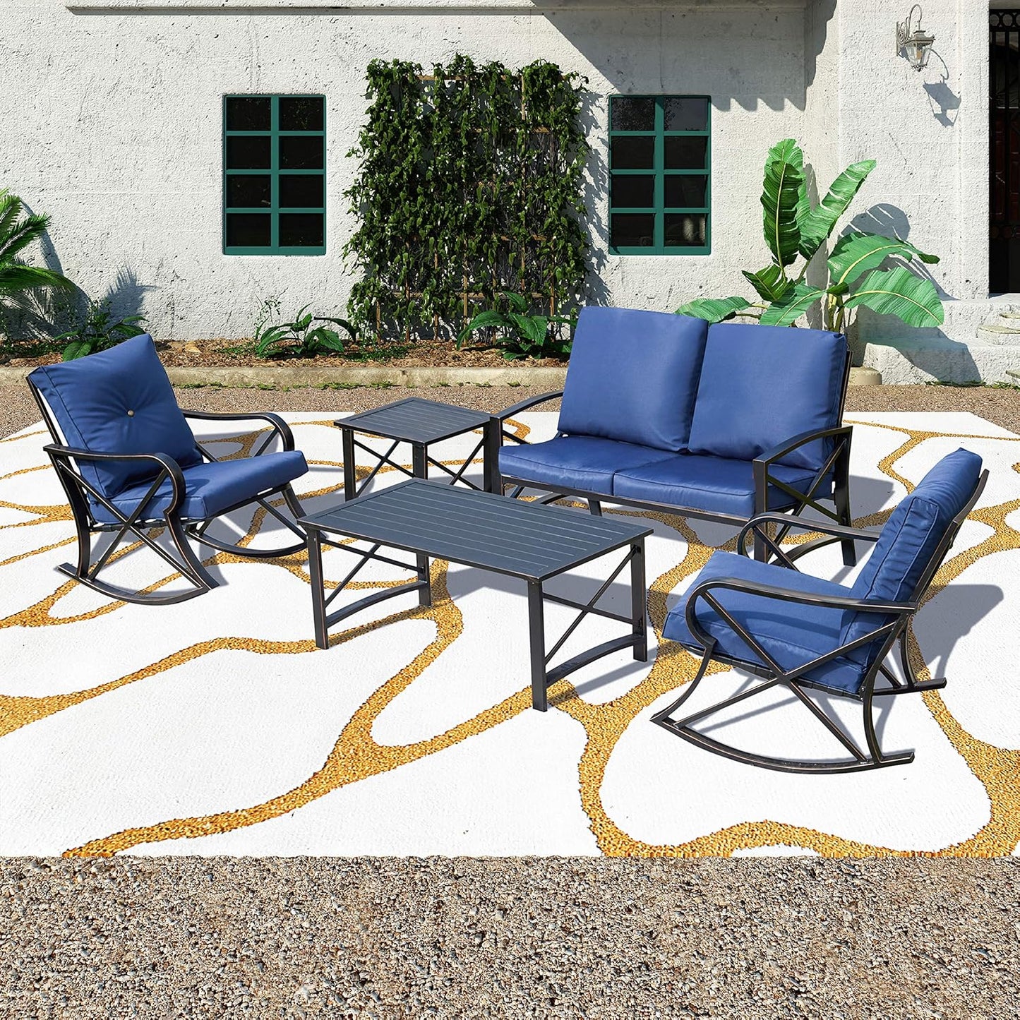 Patio Furniture Conversation Set Outdoor Patio Conversation Sectional Sets Rocking Chair Loveseat, Metal Frame with Cushions, Coffee Table for Pool-Side Backyard Lawn (5Pcs, Blue)