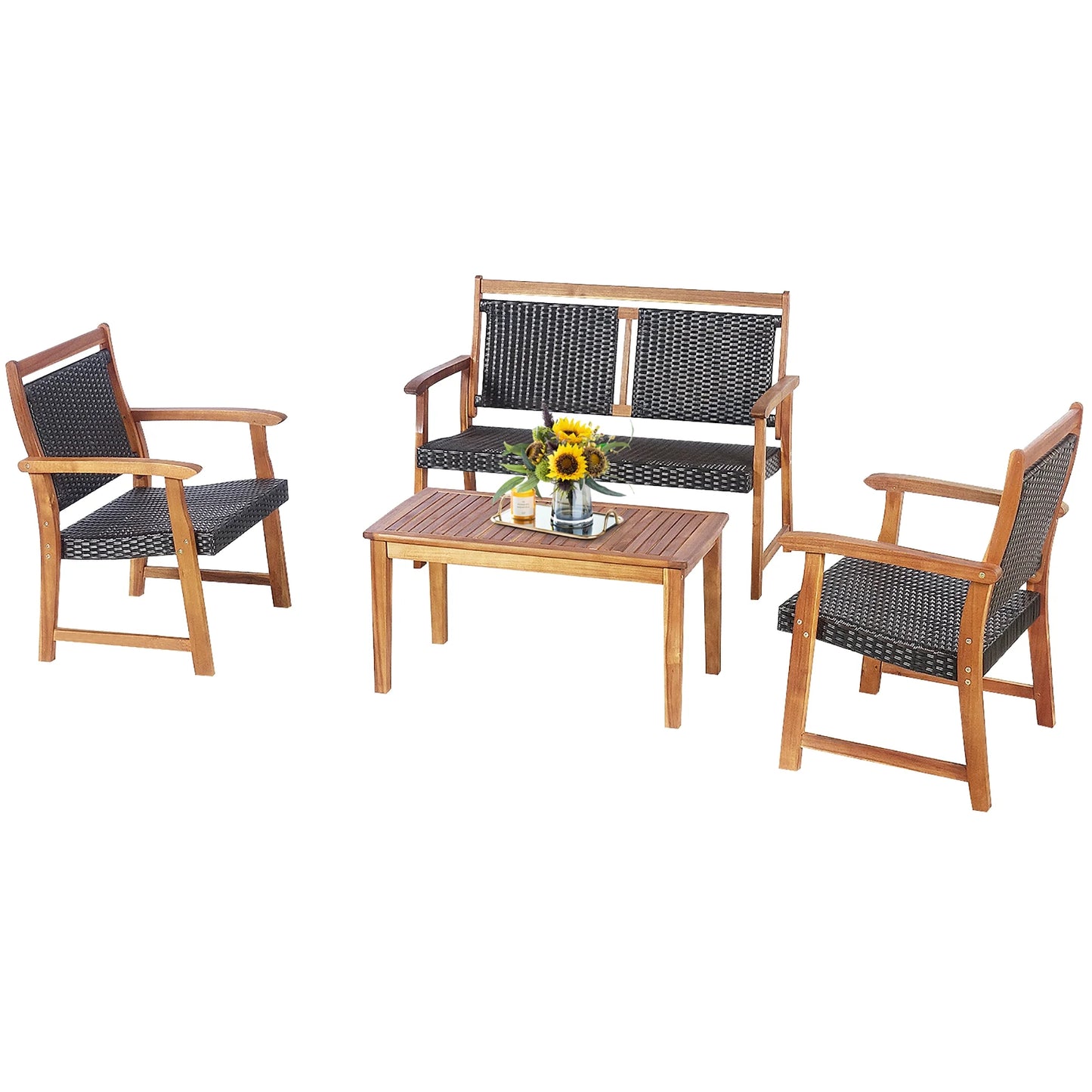 4 PCS Patio Rattan Furniture Set Acacia Wood Frame Sofa Loveseat Garden