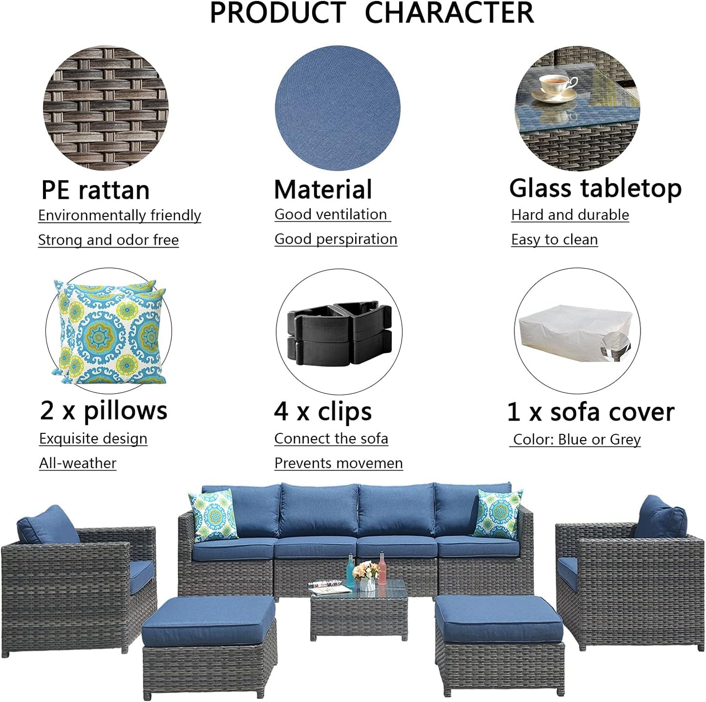 Patio Furniture Set, No Assembly 9 PCS Big Size Outdoor Sectional Sofa All Weather PE Rattan Wicker Outdoor Furniture with 2 Pillows,Grey Wicker Denim Blue