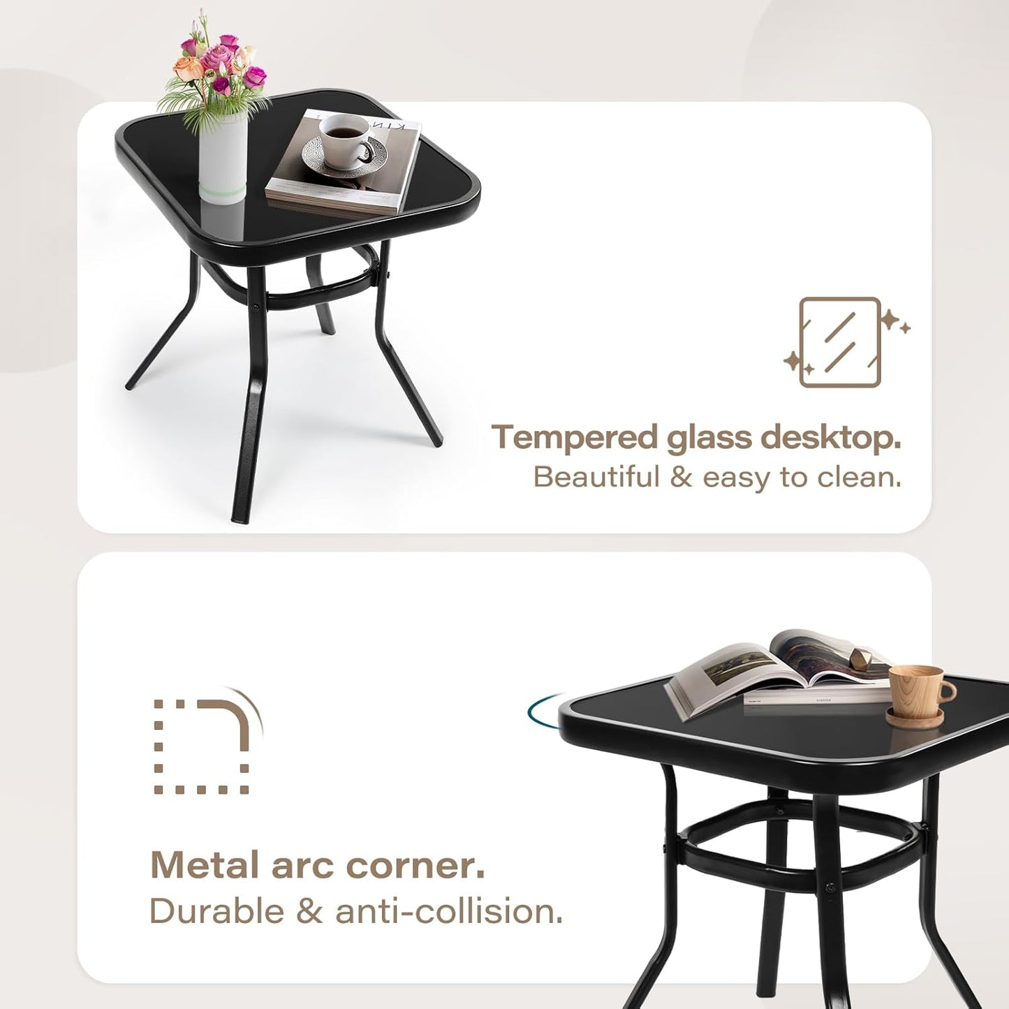 3-Piece Outdoor Rocking Chairs Bistro Set, Black Iron Patio Furniture with Red Thickened Cushion & Glass-Top Coffee Table