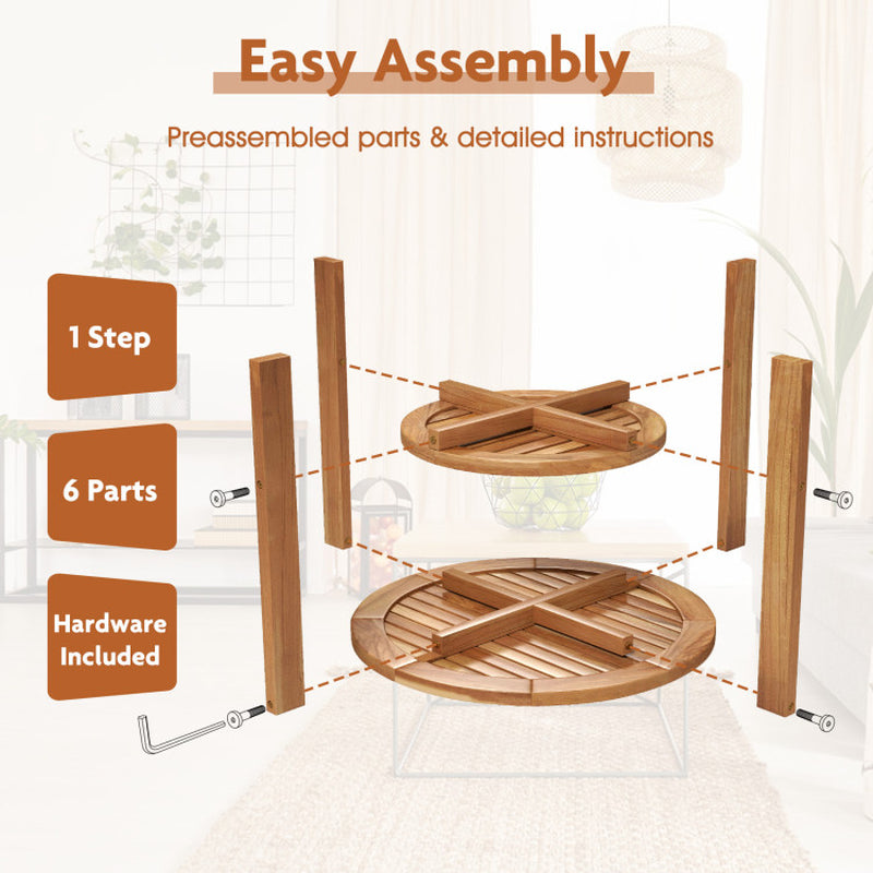 Outdoor Teak Wood round Side Table Patio End Table with Slatted Storage Shelf