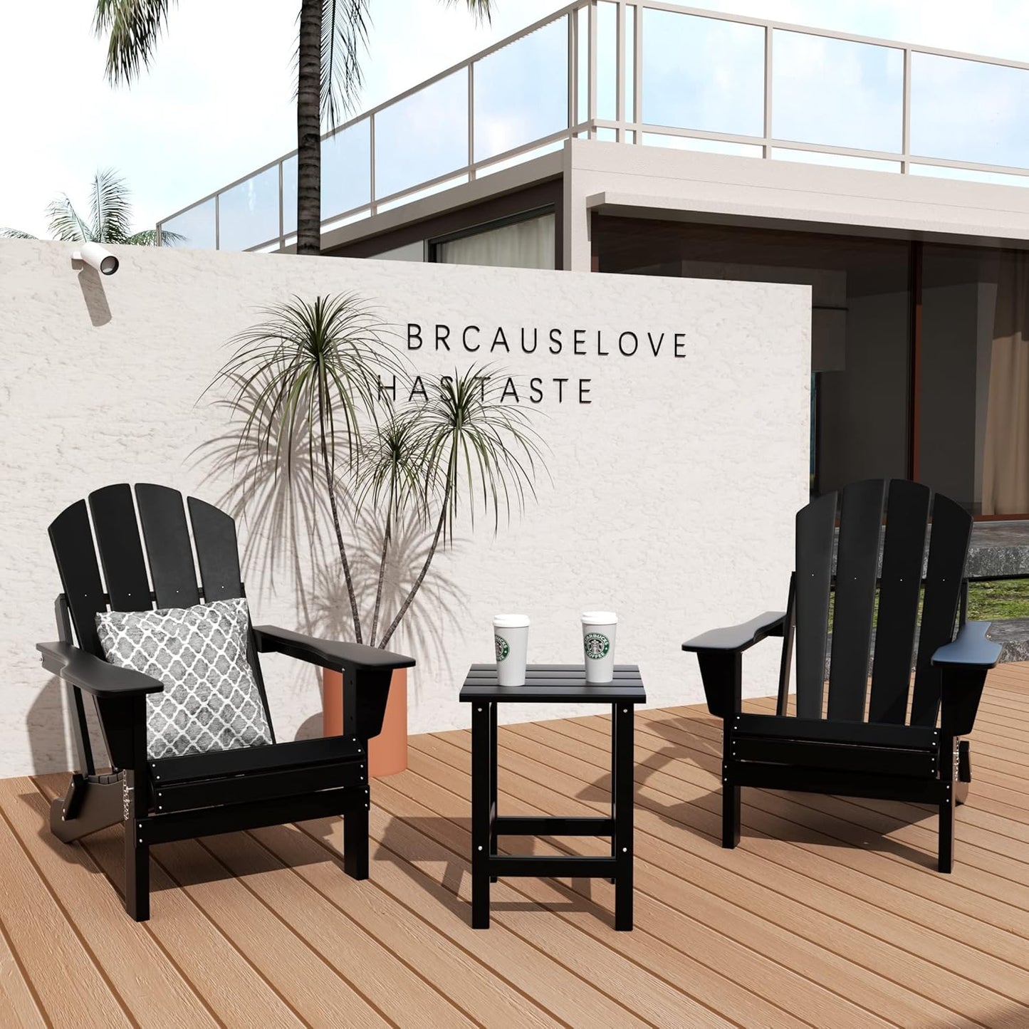 WO Home Furniture Adirondack Chairs Table Set of 3 PCS Outdoor Folding Chairs Side End Table Weather/Uv Resistant for Lawn, Garden, Bon Fire, Balcony (Black)