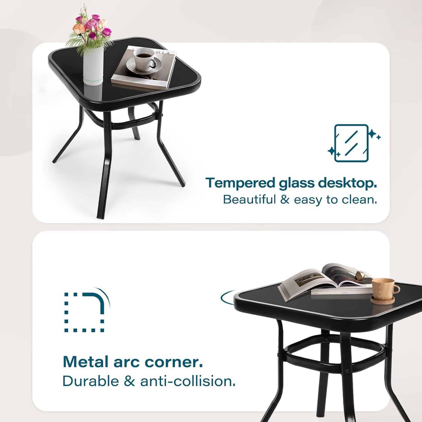 3-Piece Outdoor Rocking Chairs Bistro Set, Black Iron Patio Furniture with Gray Thickened Cushion & Glass-Top Coffee Table