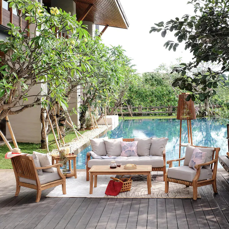 Mosko Outdoor Daybed with Beige Cushions and Teak Frame