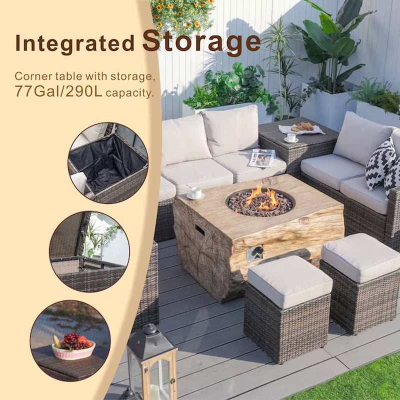 Arthur 7 -Piece Wicker Patio Sofa Conversation Set with Tan Cushions