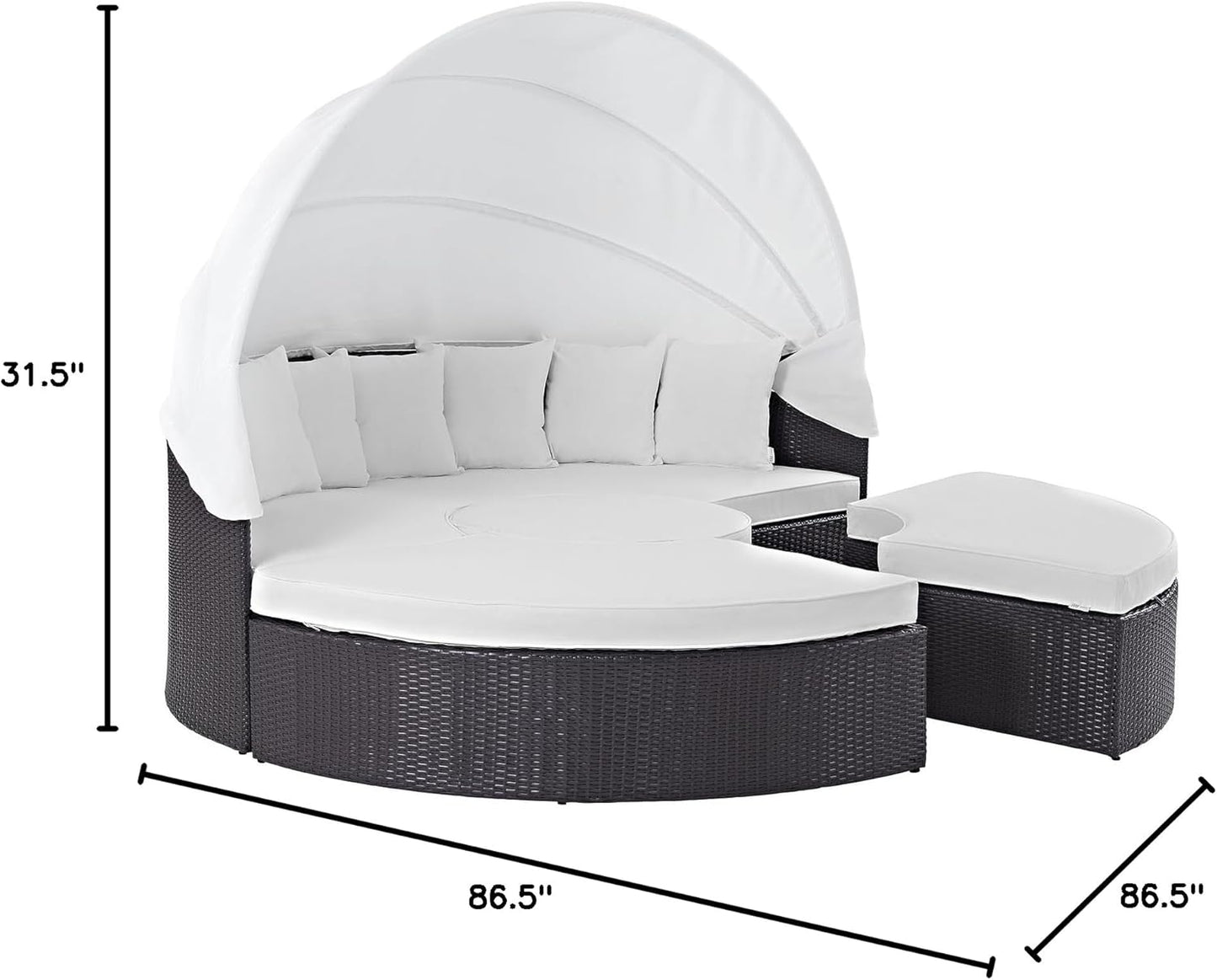 Convene Wicker Rattan Outdoor Patio Retractable Canopy round Poolside Sectional Sofa Daybed with Cushions in Espresso White