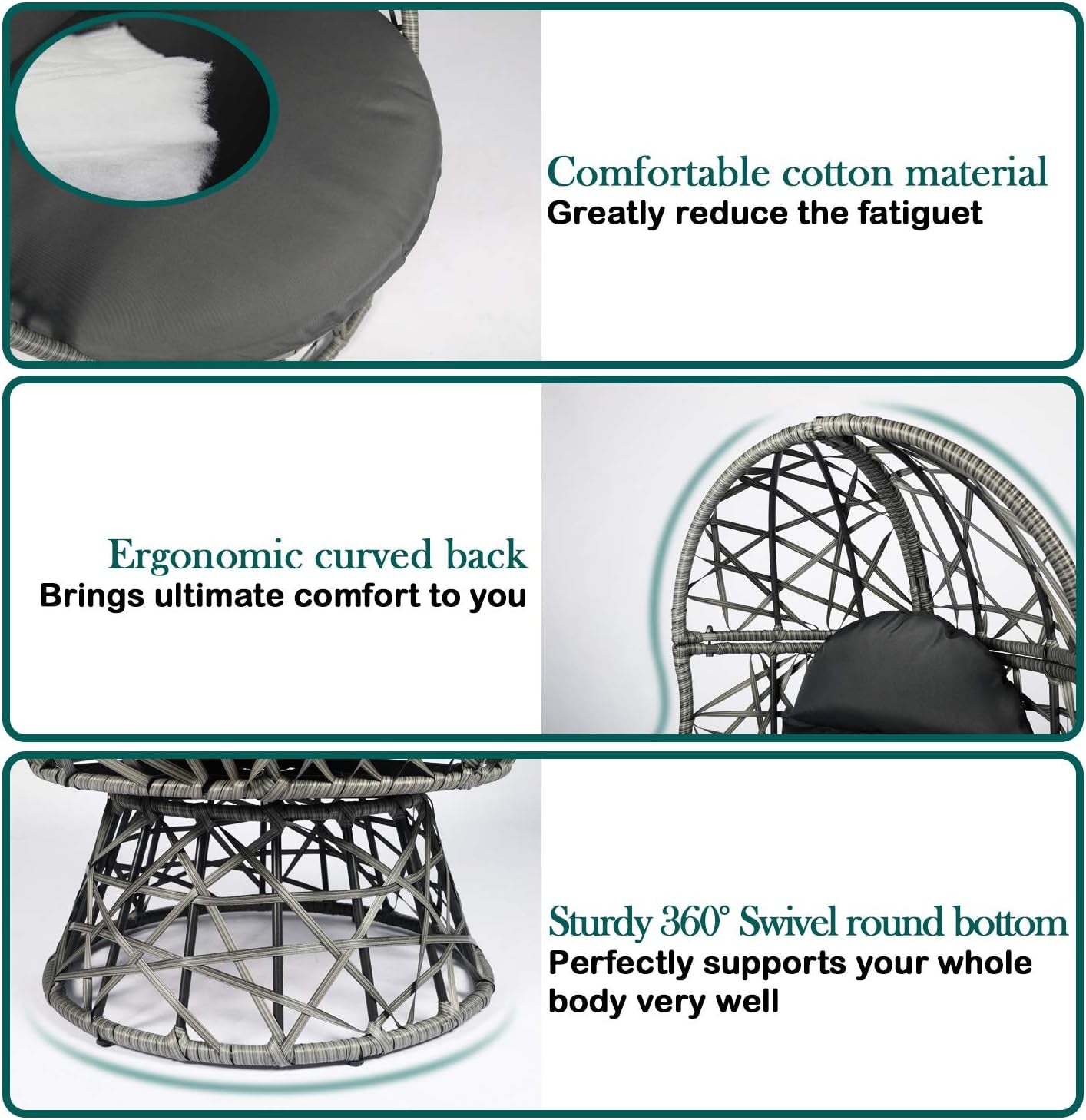 Patio Egg Chair, 360 Degree Swivel Patio Wicker Chair, Indoor & Outdoor Rattan Egg Chair with Seat Cushion & Pillow for Patio Porch Lounge Bedroom (Grey)